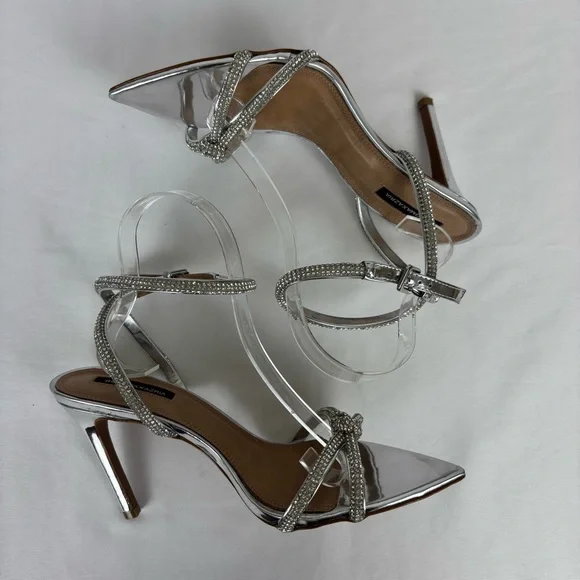 BCBGMaxazria Leather Heels Rhinestone Strappy Stiletto Elegant Pumps Silver Sz 9 - Picture 9 of 16
